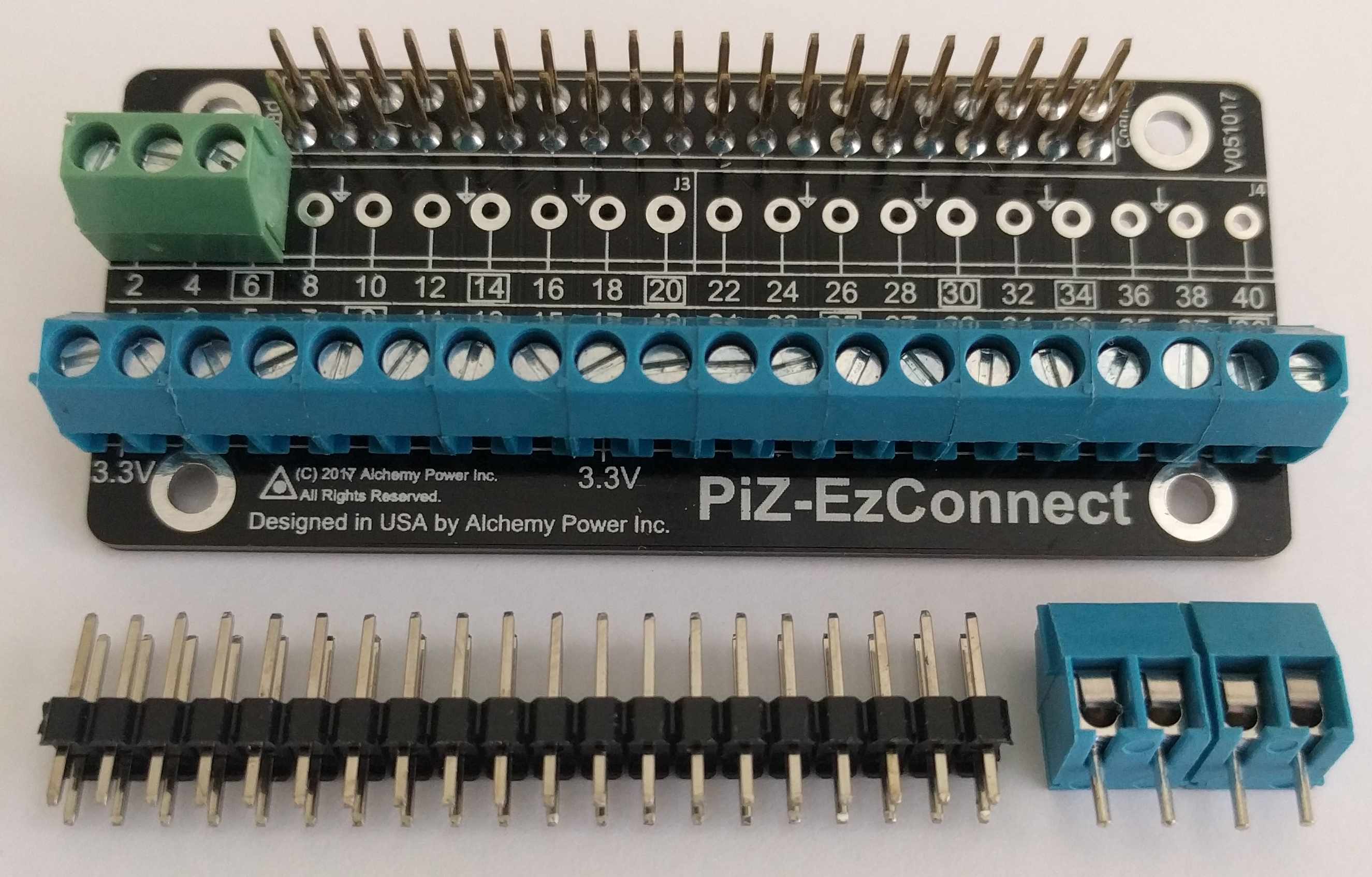 PiZ-EzConnect with header pins and additional terminal blocks